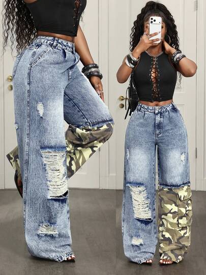 Slaydiva Casual Streetwear Punk Outdoor Women's Pocket Button Camouflage Patchwork Distressed Design Denim Jeans Going Out Night Out Nightout Blue Summer