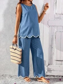 SHEIN Maternity Curved Hem Sleeveless Top And Pants Casual Denim Two Pieces Set Vacation Business Elegant Festival Party Beach Work Baby Blue Summer - Blue - View 3