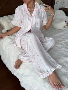 CottageSlumber Bubble Crinkle Ruffle Sleeve Chain Print Floral Short Sleeve Long Pants Pajama Set - Multicolor - View 3