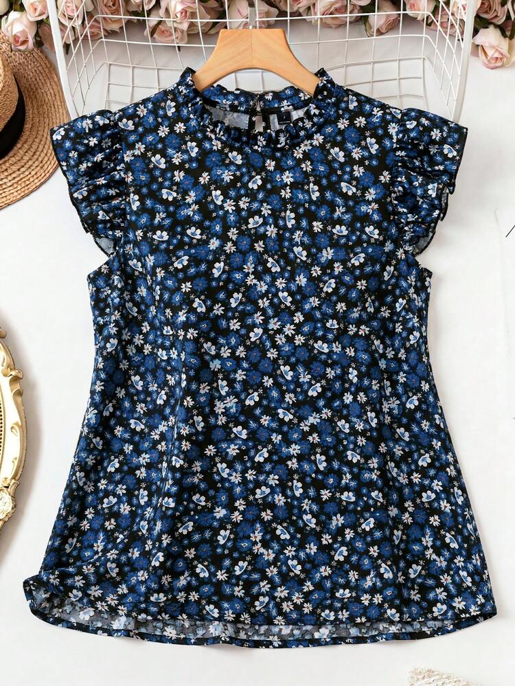 SHEIN LUNE Women's Summer Romantic Elegant Ruffle Round Neck Short Flutter Sleeve Ditsy Floral Loose Blouse Suitable For Vacation Daily Wear Garden Party Brunch - Blue - View 1