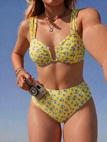 Swim Mod 2026 New Plus Size 2-Piece Bikini Set Set, Yellow Base With Random Blue Ditsy Floral, V-Neck U-Back Design, Suitable For Beach & Resort Wear - Multicolor - View 1