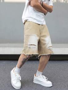 Manfinity EMRG Quần short denim thường ngày tua rua có túi bên hông dành cho nam - Màu Khaki - Xem 7