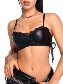 AltBold Classic Sexy Fashion Pioneer Punk Soft & Hard Balance Precision PU Contrast Lace Trim Side Tie Strappy Top Women's Lingerie Bra 1pc - Black - View 5