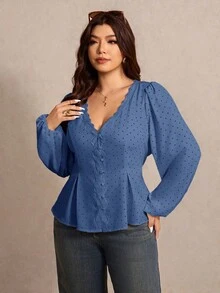 Elaquor 大尺碼女款圓點圖案對比蕾絲V領燈籠袖優雅襯衫 - 藍色 - 查看 4