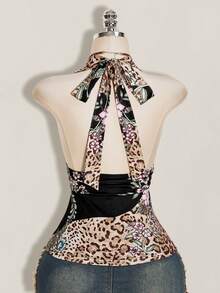 SHEIN ICON 女款中式拼接色豹紋花卉露背掛脖上衣 - 黑色 - 查看 2