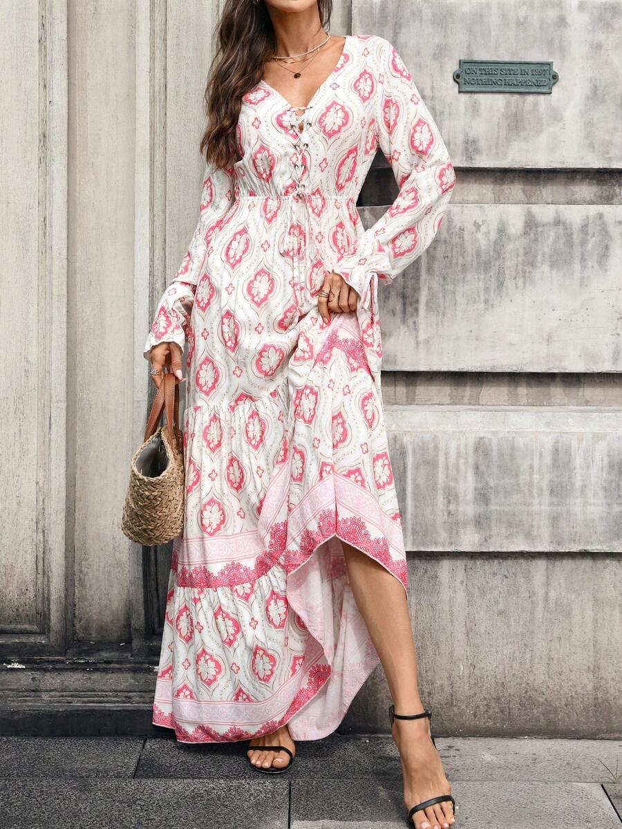 SHEIN Floral Print Knot Front Flounce Sleeve Ruffle Hem Maxi Dress For New Year Clothes - Pink - View 1