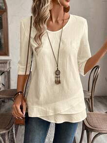 EMERY ROSE Blusa blanca con cuello en V y dobladillo de patchwork para mujer - Beis - Ver 3