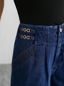 SHEIN Clasi Women's Patchwork Chain Design Pocket Casual Denim Shorts Travel Vacation Dark Blue Summer - Blue - View 5