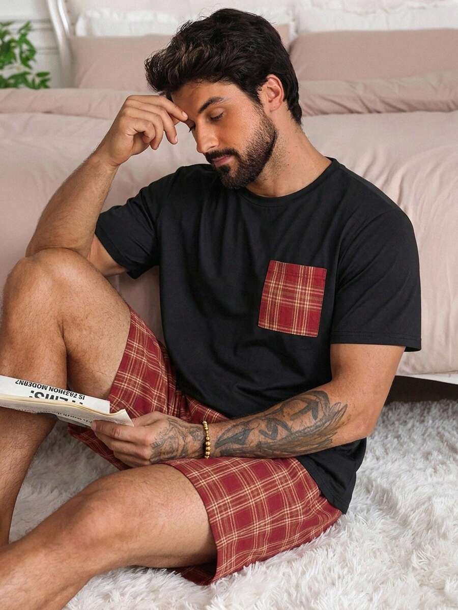 DAZY Men's Short Sleeve Black Body Patch Pocket & Red-Black Plaid Shorts Loungewear Set - Multicolor - View 1