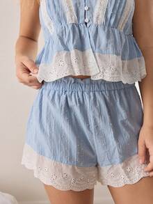 Ocili Women's Lace Patchwork Contrast Color Button Camisole And Casual Shorts Pajama Set - Dusty Blue - View 5