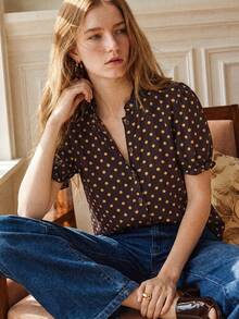 Écloséra Women's Elegant Commuter Blouse French Style Ruffle Trim Polka Dot Contrast Color Print Short Sleeve Versatile Blouse Spring Summer - Brown - View 3