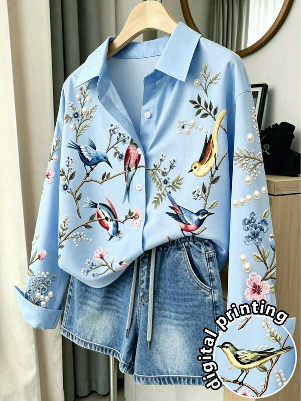 Franclia Camisa casual de mujer de manga larga con botones y estampado floral