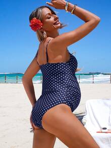 SHEIN 26SS 夏季海灘度假復古圓點鋼圈基本休閒孕婦連身泳衣 - 藏蓝色 - 查看 10