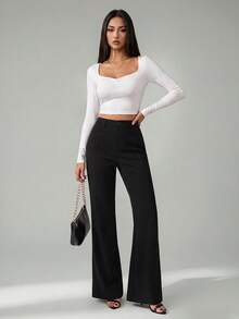 SHEIN Tall Celana Panjang Wanita Warna Polos Kancing Depan Kasual Model Pas Badan Model Flare - Hitam - View 6