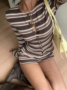 Aloruh Brown Striped Long Sleeve Top And Shorts Set, Casual Retro Vintage 70s 2000s Two Pieces Outfit For Spring And Autumn Everyday - Brown - View 3