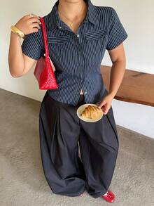 Dazy Plus Plus Size Striped Fitted Sexy Faux Pocket Short Sleeve Spring Summer Cropped Shirt - Navy Blue - View 2