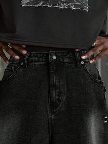 NEON BLANC Celana Jeans Denim Pria Model Longgar, Lebar, dan Pendek dengan Kantong - Hitam - View 6