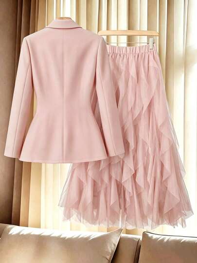 GlowEve CURVE Plus Size Women Solid Color Notch Lapel Waist Tie Long Sleeve Jacket And Elastic Waist Skirt Casual Daily Suit Set