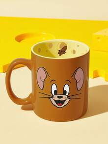 TOM & JERRY X SHEIN 卡通貓鼠陶瓷馬克杯，13.53oz/400ml 創意咖啡杯，內壁印有起司圖案，適合粉絲、居家、辦公室及送禮 - 暖棕色 - 查看 4