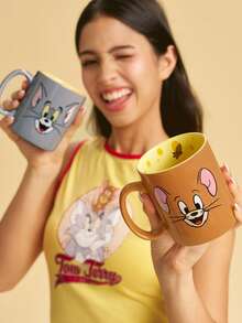 TOM & JERRY X SHEIN 卡通貓鼠陶瓷馬克杯，13.53oz/400ml 創意咖啡杯，內壁印有起司圖案，適合粉絲、居家、辦公室及送禮 - 暖棕色 - 查看 6
