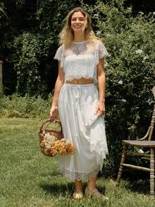 WESTFADE Drawstring Waist Tiered Ruffle Lace Midi Skirt, Back To School, Country Concert Outfit, Festival, Casual, Western, Vacation - White - View 3