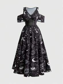 ROMWE Goth 女款夏季哥德風月亮太陽臉星星愛心劍貓咪星座印花蕾絲拼接深V領露肩高開衩洋裝上衣舞會禮服 - 黑色 - 查看 5