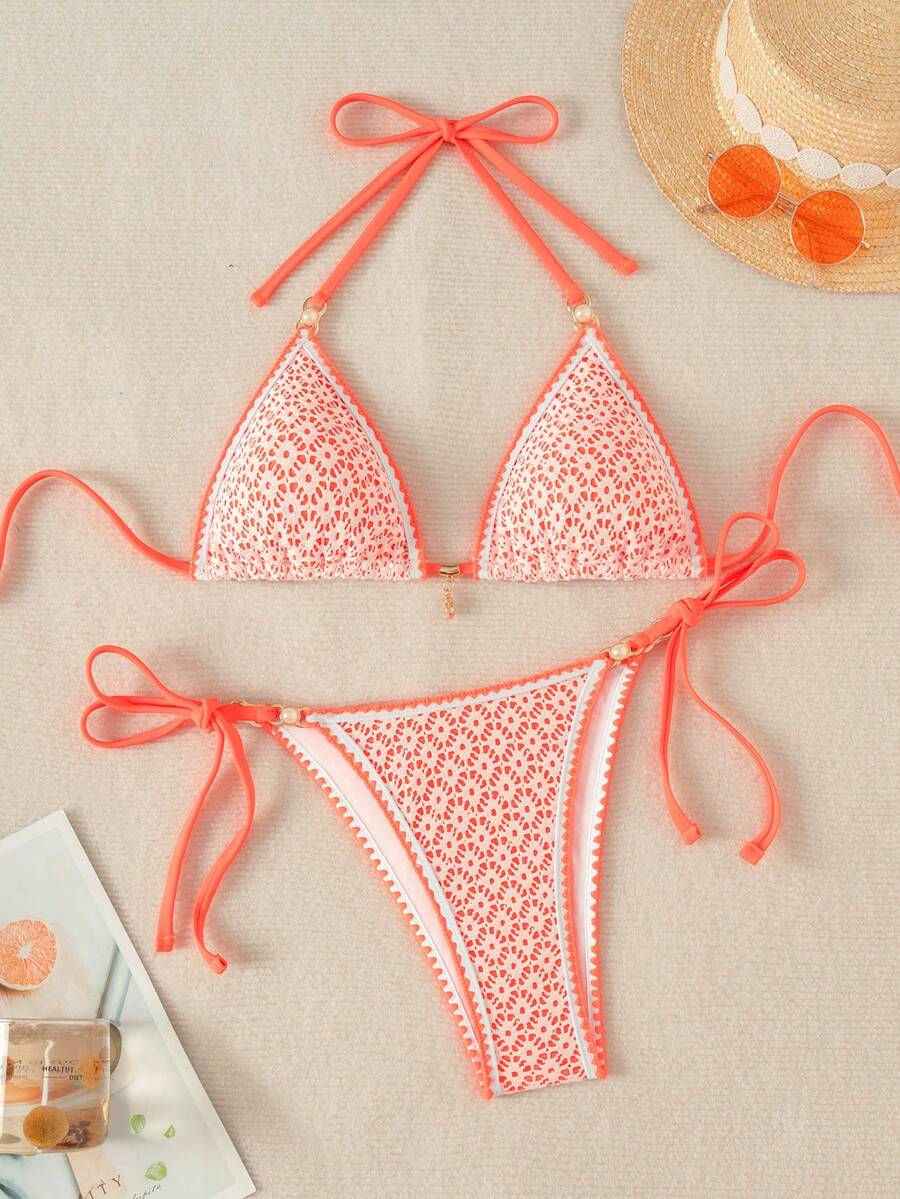 Swim Mod Bolso triangular de mujer con tela calada, unicolor, con adorno de flor de concha y perlas, estilo sexy - Naranja - Ver 1