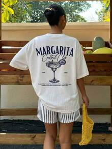 Muchica 女款夏季字母雞尾酒印花圓領短袖T恤搭配藍色條紋短褲休閒兩件套，適合春/夏、度假、百搭風格 - 彩色 - 查看 2