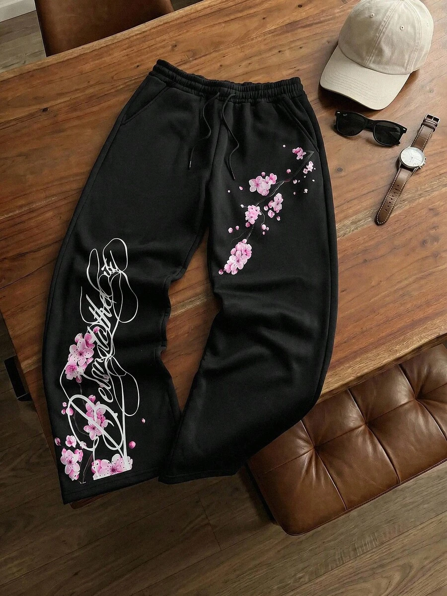 TOKVUE 男士街頭風INS休閒印花寬鬆長褲,櫻花圖案,適合戶外音樂節、夜店,男友/丈夫禮物、週年紀念禮物,黑色休閒運動長褲 - 黑色 - 查看 1