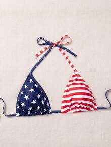 SHEIN CURVE+ Plus Size Women's Star & Stripe Print Halter Tie Bikini Top, Suitable For Summer Vacation And Beach - Multicolor - View 3