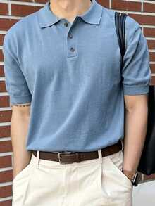 DAZY Summer Half-Button Solid Blue Commuter Men's Knit Top - Blue - View 1