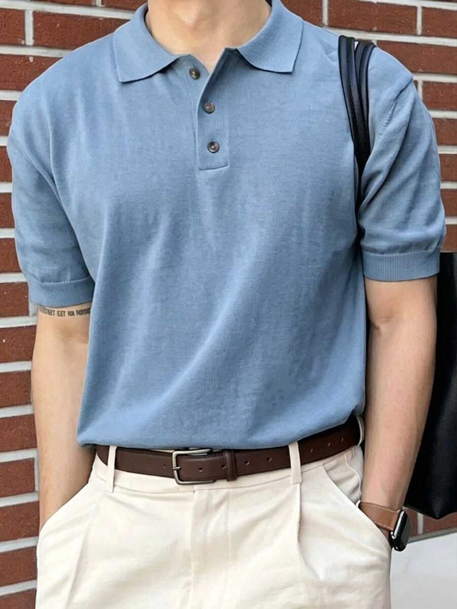 DAZY Summer Half-Button Solid Blue Commuter Men's Knit Top - Blue - View 1