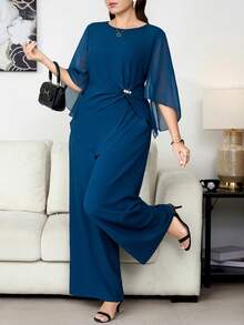 Reflora Conjunto de top y pantalones de unicolor elegante para ir al trabajo en talla grande - Azul - Ver 4