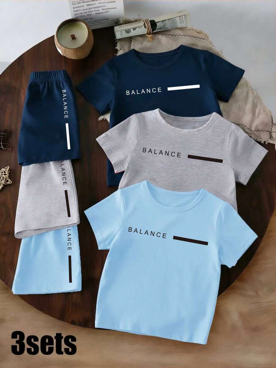 SHEIN (3套組) 男嬰新鮮簡約 BALANCE 線條圖案印花基本款短袖T恤與短褲,舒適夏季日常穿搭 - 彩色 - 查看 1