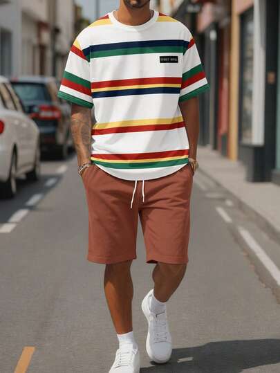 Manfinity ZONE917 Men's Fashion Colorful Striped Print T-Shirt And Drawstring Waist Shorts Set