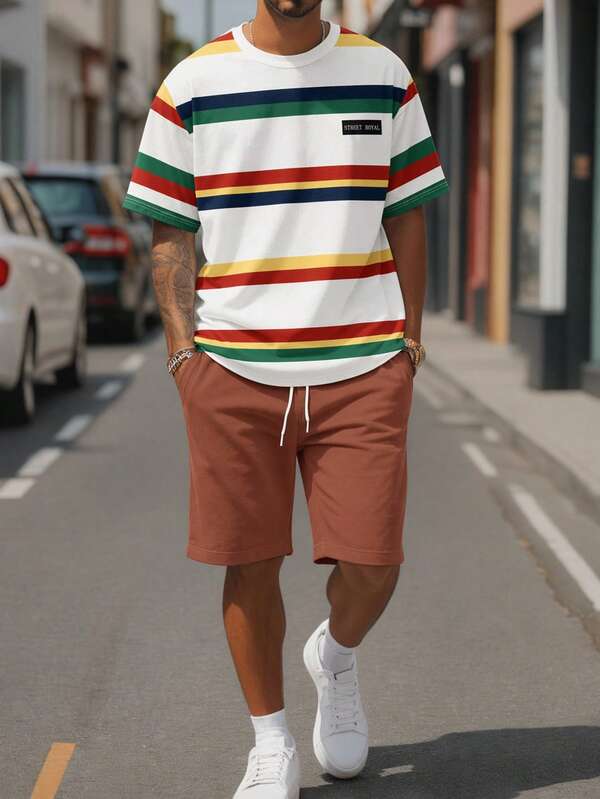 Manfinity ZONE917 Men's Fashion Colorful Striped Print T-Shirt And Drawstring Waist Shorts Set