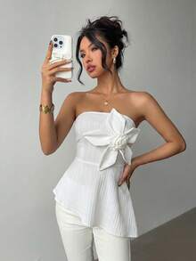 SHEIN Raffinéa 女款優雅休閒純色3D花卉不對稱下擺抹胸上衣 - 白色 - 查看 5