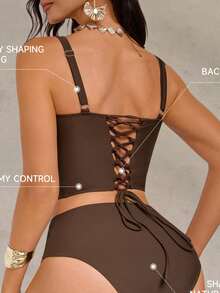 Shapewave Women's Brown Push-Up Tummy Control Back Drawstring Backless Vacation Slimming Camisole Bikini Top - Brown - View 2