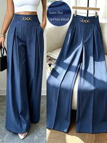 Elenzga Spring/Autumn Metal Ring Wide Leg Pleated Waist Trousers - Blue - View 3