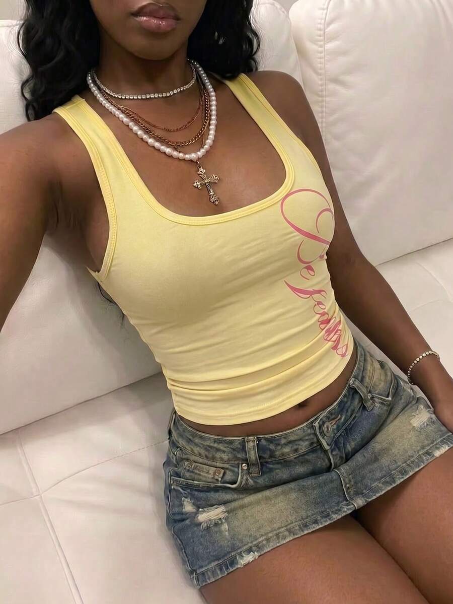 Fiercella Fiercella 女士黑色百搭通勤U领银色英文字母印花街头风修身性感返校吊带背心,春夏款 - 黃色 - 查看 1