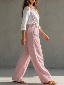 Solivie Women's Textured Sweet Button Pocket Pleated Suspender Pants Fashion - Pink - View 8