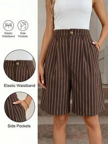 SHEIN LUNE Women's Brown Checkered Patchwork Panlakad Holiday Back-To-School Casual 70s Preppy Versatile Everyday Going Out Work Office Shorts Summer Fall Cotton - Multicolor - View 6