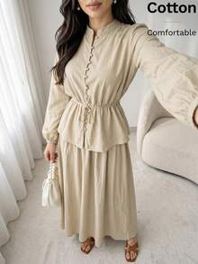 Solavon Women's Elegant Commute Solid Color Shirt & Skirt 2 Pieces Set - Apricot - View 3
