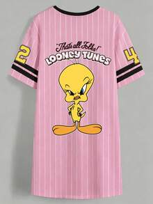 LOONEY TUNES X SHEIN 大尺碼女款字母卡通印花短袖休閒洋裝 - 白色 - 查看 2