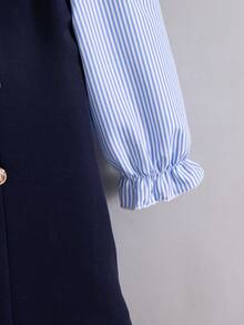 Elladie kids Girls' Spring/Autumn Collar 2 In 1 Top With Blue Striped Front Neckline, 3D Woven Ribbon Bow, Navy Blue Back To School Clothes  Preppy School Dress - Blue - View 8