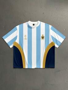 StoneGrade Camiseta de la Selección Nacional de Fútbol de Argentina para la Copa del Mundo, Camiseta de Manga Corta Estampada Casual para Hombres de Talla Estándar con Hombros Caídos y Ajuste Holgado - Azul y blanco - Ver 1