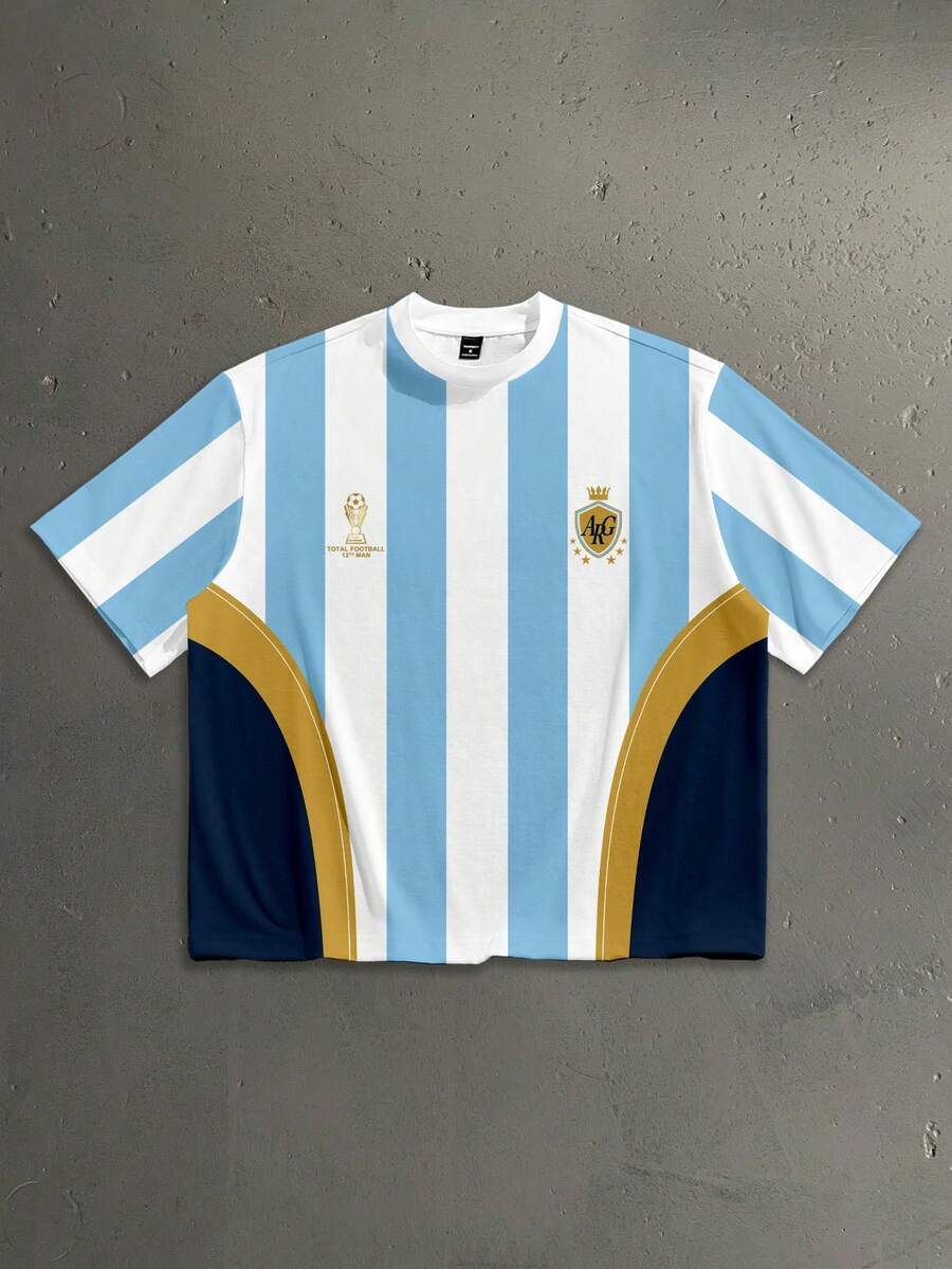 StoneGrade Camiseta de la Selección Nacional de Fútbol de Argentina para la Copa del Mundo, Camiseta de Manga Corta Estampada Casual para Hombres de Talla Estándar con Hombros Caídos y Ajuste Holgado - Azul y blanco - Ver 1