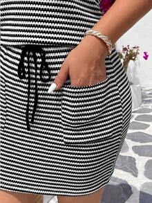 SHEIN VCAY Plus Size Summer Casual Striped Spaghetti Strap Dress - Black and White - View 6