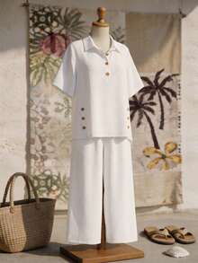 Rusticease Plus Size Solid Color Casual Soft Form Traditional Elegant Vacation Shirt And Pants 2 Pieces Set Allover White Summer - White - View 7