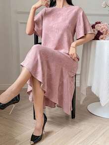 DAZY Spring Summer Round Neck Short Sleeve Pink Jacquard Floral Pattern Loose Fit Mid-Length Dress For Women - Pink - View 8